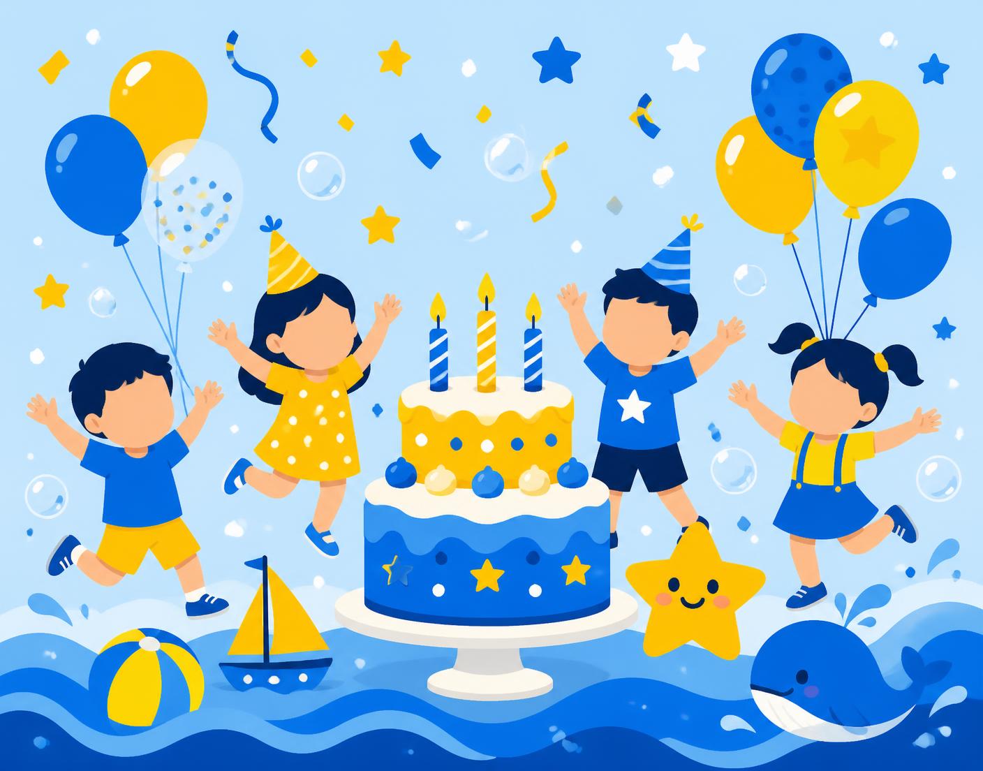 Ilustração de uma festa infantil com balões, bolo, bolhas e crianças comemorando